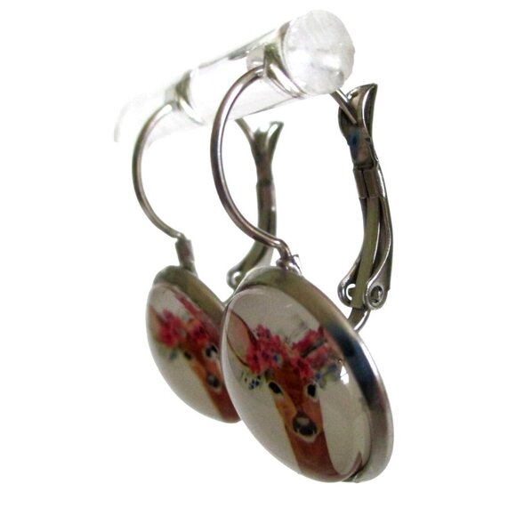 New Deer w/ Flower Crown Earrings on Stainless Lever Back Hooks - Gift Boxed - Picture 2 of 5